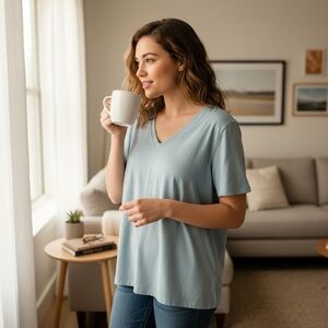 Bombas ladies size medium green V-neck, Pima, cotton, short sleeve shirt, 2X